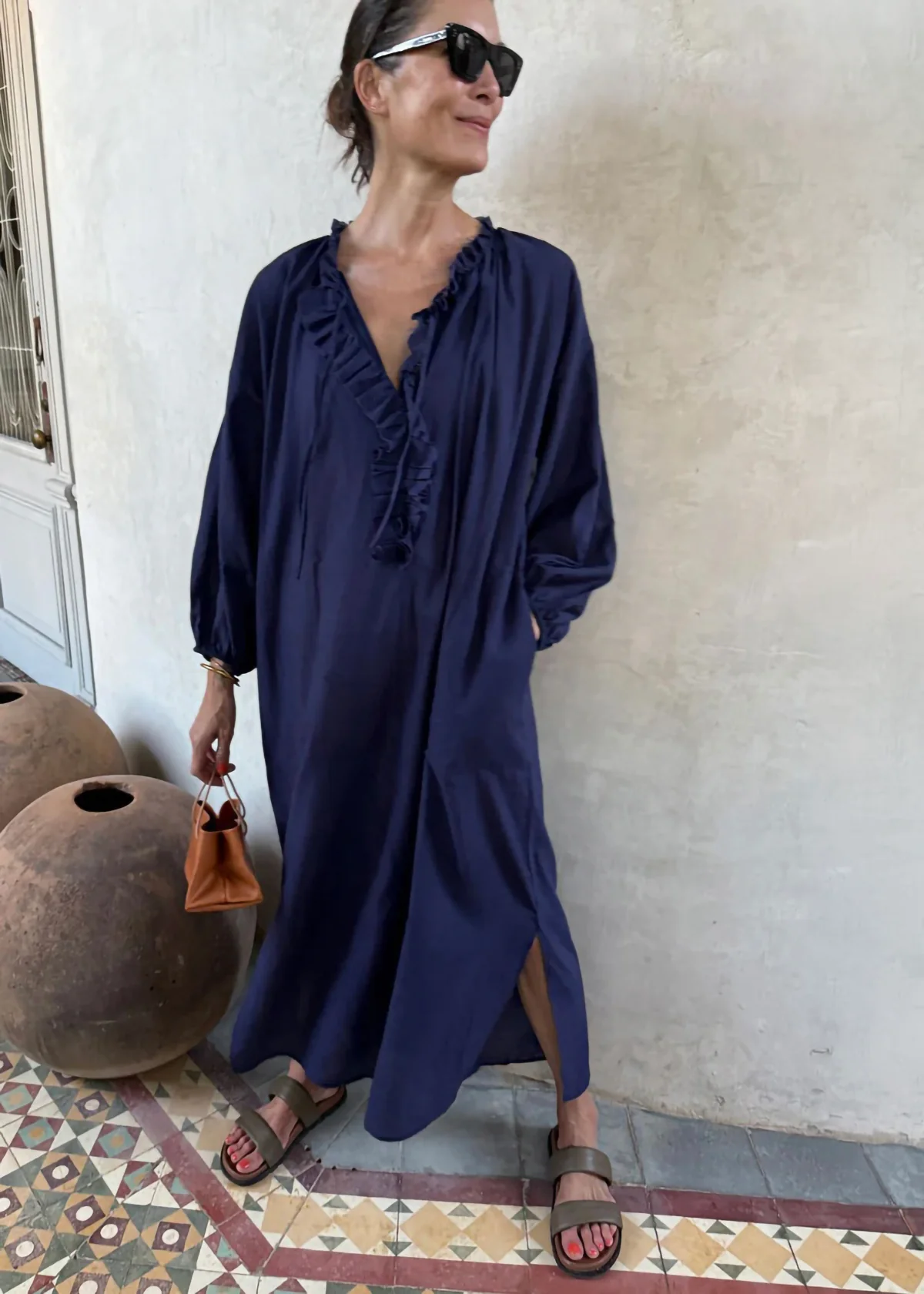 Ruffle Caftan - Navy Pinstripe by Two - Image 2